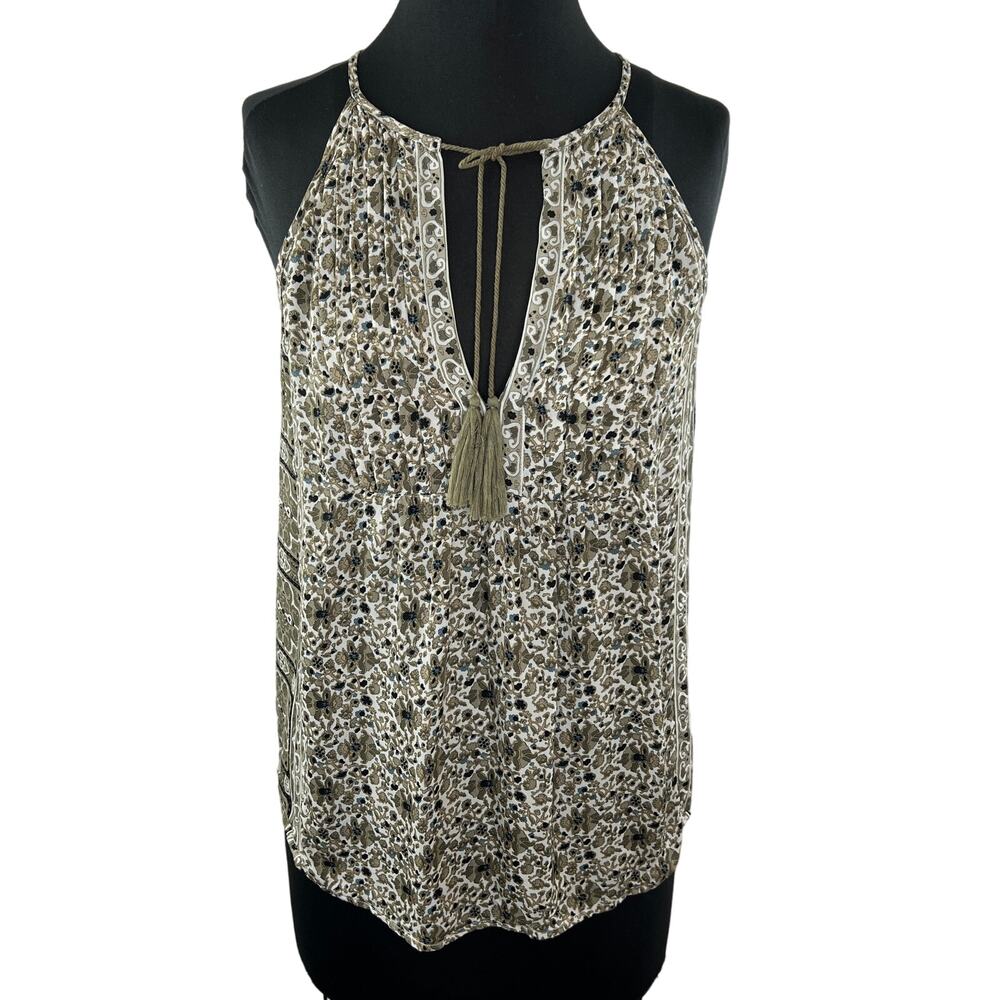 JOIE Green Floral 100% Silk Halter Neck Tassel Tie Neck Sleeveless Blouse S NEW - Picture 1 of 7